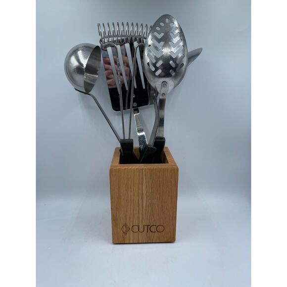 Cutco 5 Piece Kitchen Utensil Set & Wooden Holder Whisk Spatula Slotted Spoon